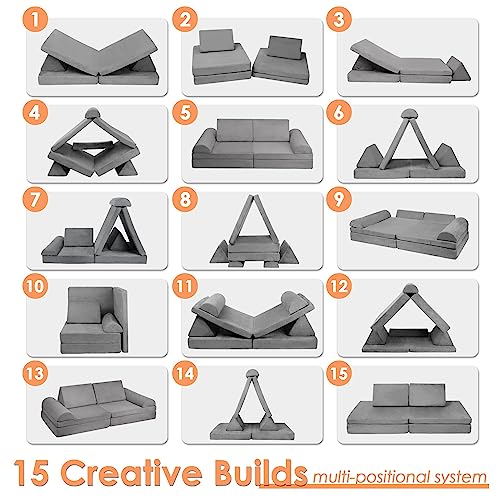 Betterhood Modular Kids Play Couch Child Sectional Sofa Imaginative Furniture Play Set for Creative Kids,Toddler to Teen Bedroom Furniture,Girls and Boys Playroom Convertible Sofa Large Large Grey