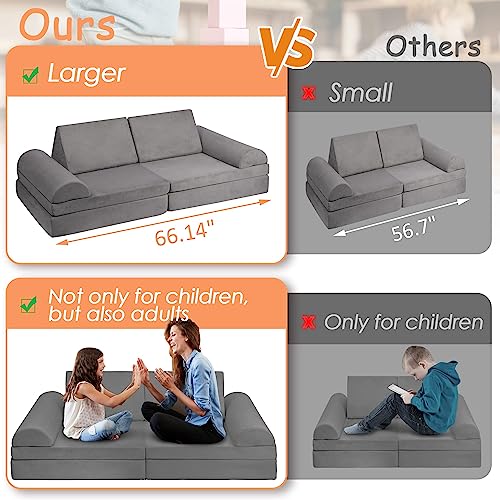 Betterhood Modular Kids Play Couch Child Sectional Sofa Imaginative Furniture Play Set for Creative Kids,Toddler to Teen Bedroom Furniture,Girls and Boys Playroom Convertible Sofa Large Large Grey