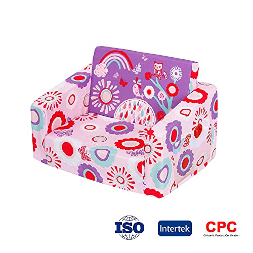 MallBest Kids Sofas Children's Sofa Bed Baby's Upholstered Couch Sleepover Chair Flipout Open Recliner(Pink/Flowers)