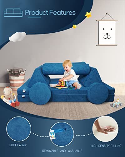 CHxxy Kids Couch (Large Size),Fold Out Modula Kids Sofa for Playroom Bedroom,Original Furniture Play Set for Children,Toddlers Couch for Playing,Creativing, Sleeping(Coral Blue)