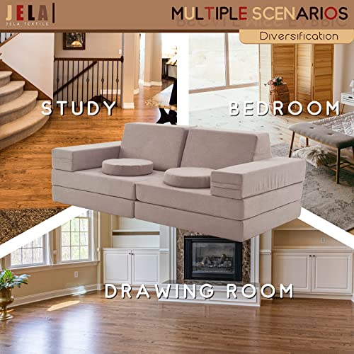 jela Kids Couch 10PCS Luxury, Floor Couch Floor Sofa Modular Furniture for Adults, Playhouse Play Set for Toddlers Babies, Modular Foam Play Couch, Modular Sectional Sofa (Classic, Taupe)