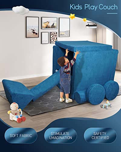 CHxxy Kids Couch (Large Size),Fold Out Modula Kids Sofa for Playroom Bedroom,Original Furniture Play Set for Children,Toddlers Couch for Playing,Creativing, Sleeping(Coral Blue)