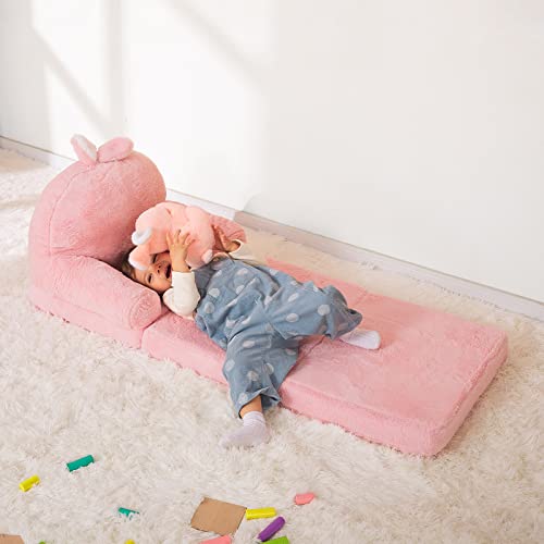 MONKISS Foldable Kids Sofa, Toddler Chair Plush with Removable Cover, Comfy Kids Couch for Kids Age 1-3 (Pink Bunny)