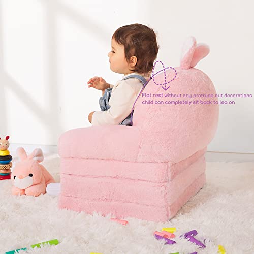 MONKISS Foldable Kids Sofa, Toddler Chair Plush with Removable Cover, Comfy Kids Couch for Kids Age 1-3 (Pink Bunny)