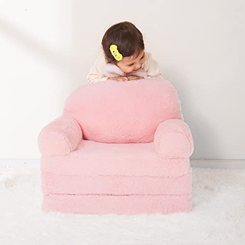 MONKISS Foldable Kids Sofa, Toddler Chair Plush with Removable Cover, Comfy Kids Couch for Kids Age 1-3 (Pink Bunny)