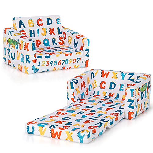Costzon Kids Sofa, 2 in 1 Flip Open Couch w/Sturdy Sponge Construction, Velvet Fabric, Storage Pockets, Toddler Armrest Chair Bed for Nap Play Sleep, Ideal Gift for 0-4 Years Old Children, Alphabet
