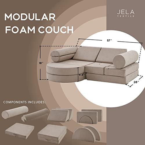jela Kids Couch 14PCS Luxury, Floor Couch Floor Sofa Modular Furniture for Adults, Playhouse Play Set for Toddlers Babies, Modular Foam Play Couch, Modular Sectional Sofa (Taupe, 57"x28"x18")