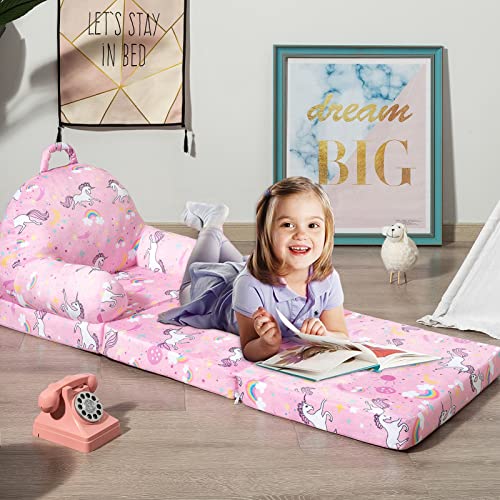HIGOGOGO Plush Foldable Kids Sofa, Unicorn Pattern Children Couch Backrest Armchair Bed with Pocket and Handle, Upholstered 2 in 1 Flip Open Infant Baby Seat for Living Room Bedroom, Pink