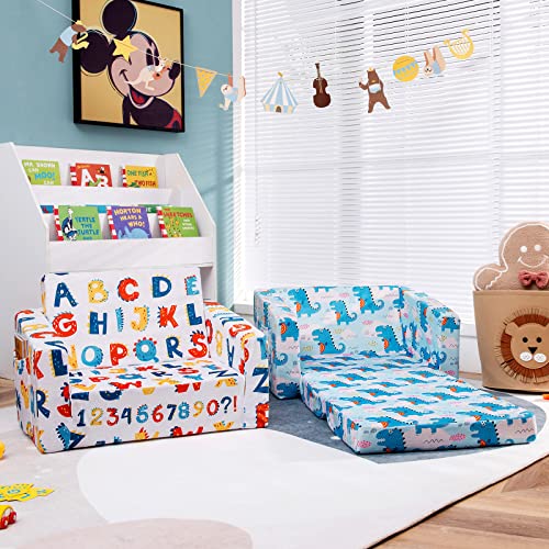Costzon Kids Sofa, 2 in 1 Flip Open Couch w/Sturdy Sponge Construction, Velvet Fabric, Storage Pockets, Toddler Armrest Chair Bed for Nap Play Sleep, Ideal Gift for 0-4 Years Old Children, Alphabet