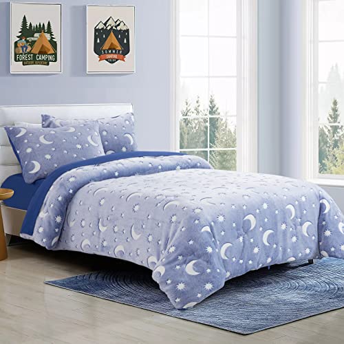 HOMBYS Glow in The Dark Comforter Set 5 Piece Twin/Twin XL with Sheets, Blue Velvet Bedding Comforter Sets for Twin Bed, Ultra Soft Down Alternative Comforter for Teenage Boys Kids , Bed in a Bag