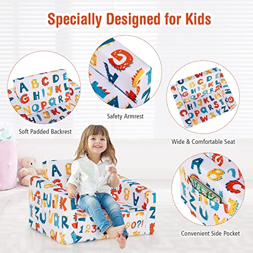 Costzon Kids Sofa, 2 in 1 Flip Open Couch w/Sturdy Sponge Construction, Velvet Fabric, Storage Pockets, Toddler Armrest Chair Bed for Nap Play Sleep, Ideal Gift for 0-4 Years Old Children, Alphabet