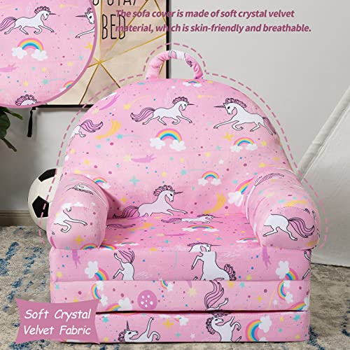 HIGOGOGO Plush Foldable Kids Sofa, Unicorn Pattern Children Couch Backrest Armchair Bed with Pocket and Handle, Upholstered 2 in 1 Flip Open Infant Baby Seat for Living Room Bedroom, Pink