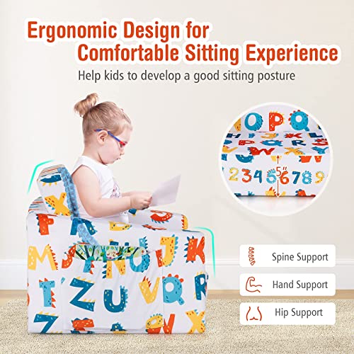 Costzon Kids Sofa, 2 in 1 Flip Open Couch w/Sturdy Sponge Construction, Velvet Fabric, Storage Pockets, Toddler Armrest Chair Bed for Nap Play Sleep, Ideal Gift for 0-4 Years Old Children, Alphabet