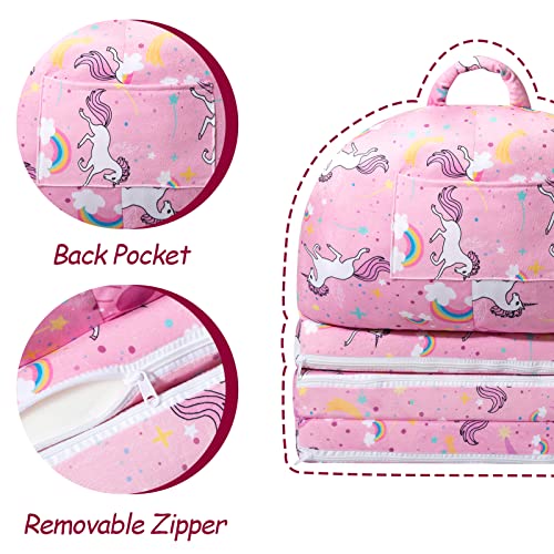 HIGOGOGO Plush Foldable Kids Sofa, Unicorn Pattern Children Couch Backrest Armchair Bed with Pocket and Handle, Upholstered 2 in 1 Flip Open Infant Baby Seat for Living Room Bedroom, Pink