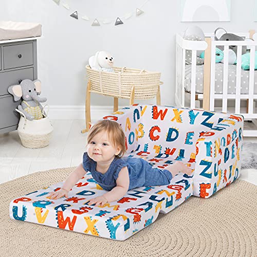 Costzon Kids Sofa, 2 in 1 Flip Open Couch w/Sturdy Sponge Construction, Velvet Fabric, Storage Pockets, Toddler Armrest Chair Bed for Nap Play Sleep, Ideal Gift for 0-4 Years Old Children, Alphabet