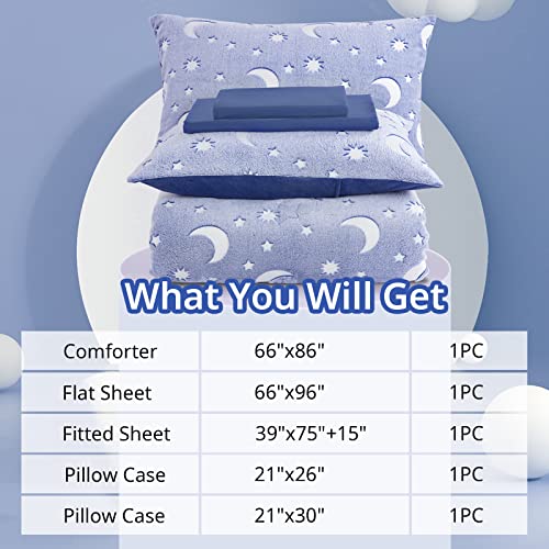 HOMBYS Glow in The Dark Comforter Set 5 Piece Twin/Twin XL with Sheets, Blue Velvet Bedding Comforter Sets for Twin Bed, Ultra Soft Down Alternative Comforter for Teenage Boys Kids , Bed in a Bag