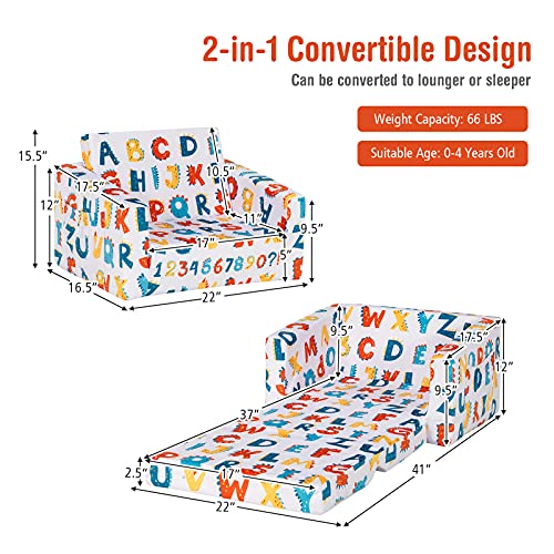 Costzon Kids Sofa, 2 in 1 Flip Open Couch w/Sturdy Sponge Construction, Velvet Fabric, Storage Pockets, Toddler Armrest Chair Bed for Nap Play Sleep, Ideal Gift for 0-4 Years Old Children, Alphabet