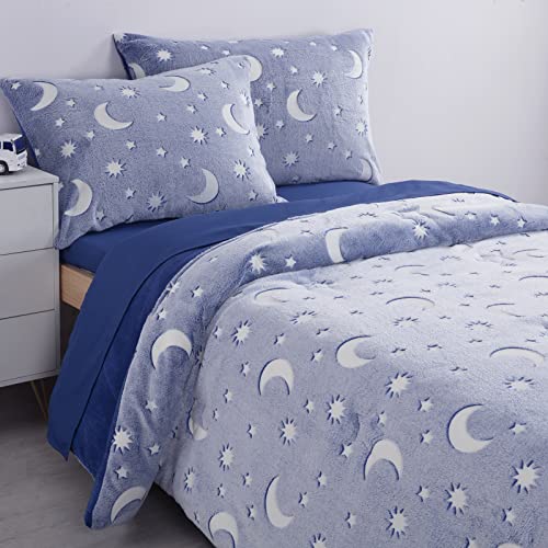 HOMBYS Glow in The Dark Comforter Set 5 Piece Twin/Twin XL with Sheets, Blue Velvet Bedding Comforter Sets for Twin Bed, Ultra Soft Down Alternative Comforter for Teenage Boys Kids , Bed in a Bag