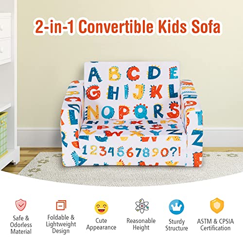 Costzon Kids Sofa, 2 in 1 Flip Open Couch w/Sturdy Sponge Construction, Velvet Fabric, Storage Pockets, Toddler Armrest Chair Bed for Nap Play Sleep, Ideal Gift for 0-4 Years Old Children, Alphabet