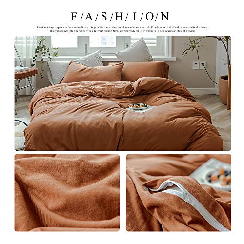 AMWAN Jersey Knit Cotton Duvet Cover Set Solid Pumpkin Color, Luxury Soft Comforter Cover Queen Size 3 Piece Bedding Set 1 Duvet Cover 2 Pillowcases Full Set