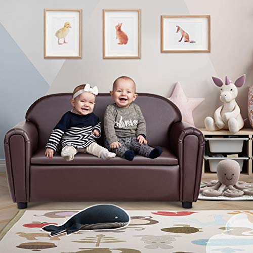Costzon Kids Sofa, Double Seat Children's Sofa w/Under Seat Storage, Toddler Furniture Armrest Chair for Bedroom, Kids Room, Large Kids Couch w/Sturdy Wood Construction, Gift Toy for Baby Boys Girls