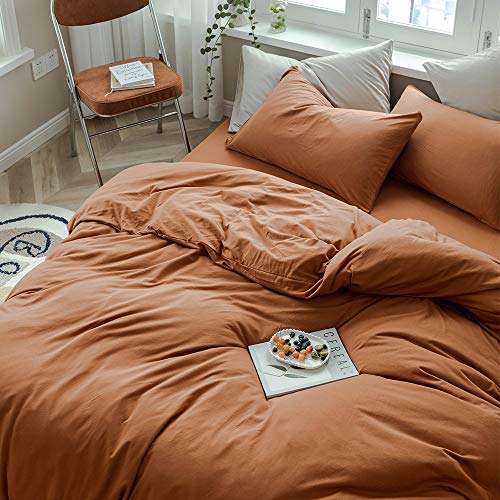 AMWAN Jersey Knit Cotton Duvet Cover Set Solid Pumpkin Color, Luxury Soft Comforter Cover Queen Size 3 Piece Bedding Set 1 Duvet Cover 2 Pillowcases Full Set