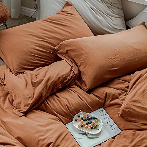 AMWAN Jersey Knit Cotton Duvet Cover Set Solid Pumpkin Color, Luxury Soft Comforter Cover Queen Size 3 Piece Bedding Set 1 Duvet Cover 2 Pillowcases Full Set