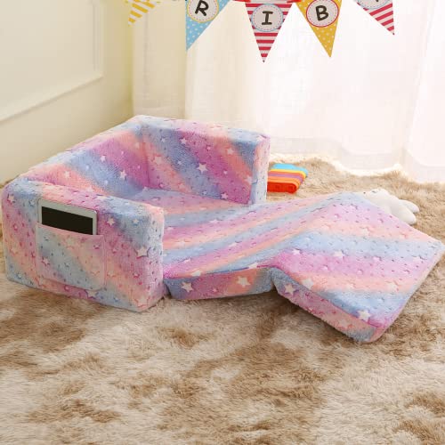Truwelby Kids Sofa, Glow in The Dark Toddler Chairs Children's Extra Wide Convertible Sofa to Lounger - Extra Soft 2 Seats 2 in 1 Flip Open Chair & Sleeper, Toddler Couch, Sofa Bed for Boys Girls