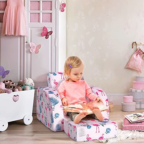 Costzon Kids Sofa, 3 in 1 Convertible Flip Open Couch w/Foam-padded Seat, Velvet Fabric, Toddler Armrest Chair Bed for Nap Play Sleep, Fold Out Lounger, Ideal Gift for 0-3 Years Old Children, Flamingo