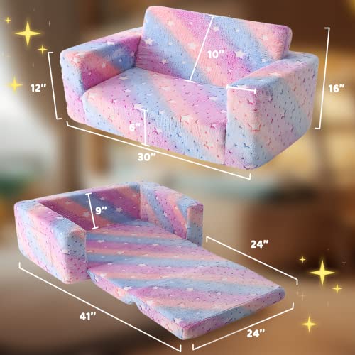Truwelby Kids Sofa, Glow in The Dark Toddler Chairs Children's Extra Wide Convertible Sofa to Lounger - Extra Soft 2 Seats 2 in 1 Flip Open Chair & Sleeper, Toddler Couch, Sofa Bed for Boys Girls