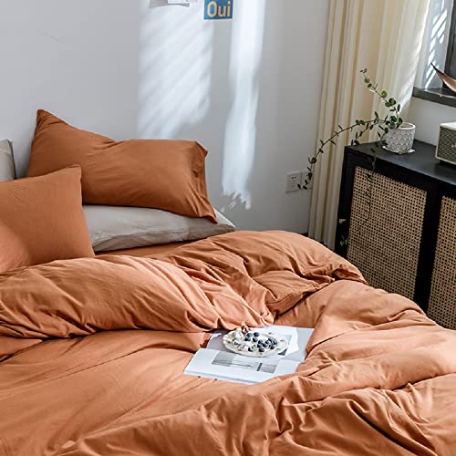AMWAN Jersey Knit Cotton Duvet Cover Set Solid Pumpkin Color, Luxury Soft Comforter Cover Queen Size 3 Piece Bedding Set 1 Duvet Cover 2 Pillowcases Full Set