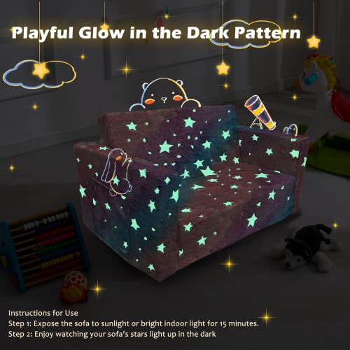 Truwelby Kids Sofa, Glow in The Dark Toddler Chairs Children's Extra Wide Convertible Sofa to Lounger - Extra Soft 2 Seats 2 in 1 Flip Open Chair & Sleeper, Toddler Couch, Sofa Bed for Boys Girls