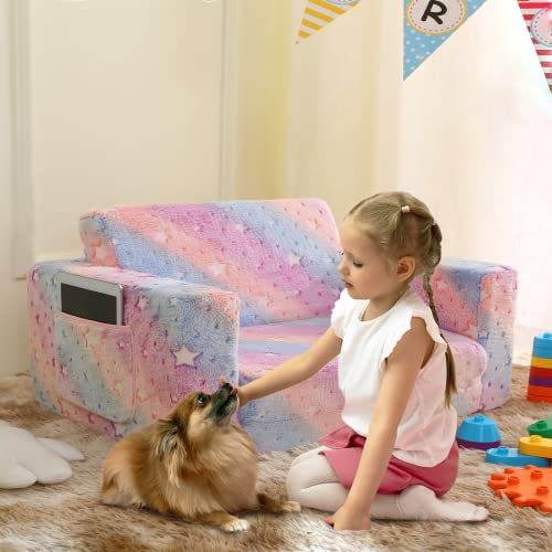 Truwelby Kids Sofa, Glow in The Dark Toddler Chairs Children's Extra Wide Convertible Sofa to Lounger - Extra Soft 2 Seats 2 in 1 Flip Open Chair & Sleeper, Toddler Couch, Sofa Bed for Boys Girls