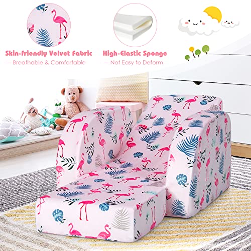 Costzon Kids Sofa, 3 in 1 Convertible Flip Open Couch w/Foam-padded Seat, Velvet Fabric, Toddler Armrest Chair Bed for Nap Play Sleep, Fold Out Lounger, Ideal Gift for 0-3 Years Old Children, Flamingo