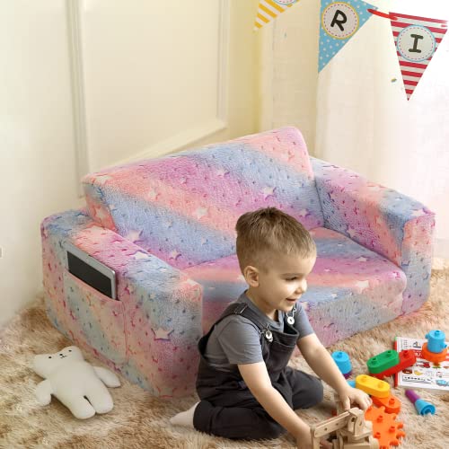 Truwelby Kids Sofa, Glow in The Dark Toddler Chairs Children's Extra Wide Convertible Sofa to Lounger - Extra Soft 2 Seats 2 in 1 Flip Open Chair & Sleeper, Toddler Couch, Sofa Bed for Boys Girls