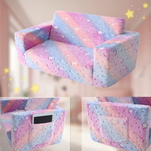 Truwelby Kids Sofa, Glow in The Dark Toddler Chairs Children's Extra Wide Convertible Sofa to Lounger - Extra Soft 2 Seats 2 in 1 Flip Open Chair & Sleeper, Toddler Couch, Sofa Bed for Boys Girls