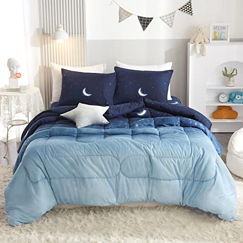 HYPREST Kids Twin Bed in A Bag Comforter Set with Sheets - 5 Pieces Twin Bedding Comforter Set for Girls Boys, Monn Star Blue Twin Bed Comforter Super Soft Lightweight Breathable(Oeko-Tex Certified)