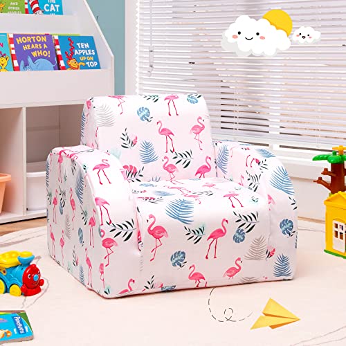 Costzon Kids Sofa, 3 in 1 Convertible Flip Open Couch w/Foam-padded Seat, Velvet Fabric, Toddler Armrest Chair Bed for Nap Play Sleep, Fold Out Lounger, Ideal Gift for 0-3 Years Old Children, Flamingo