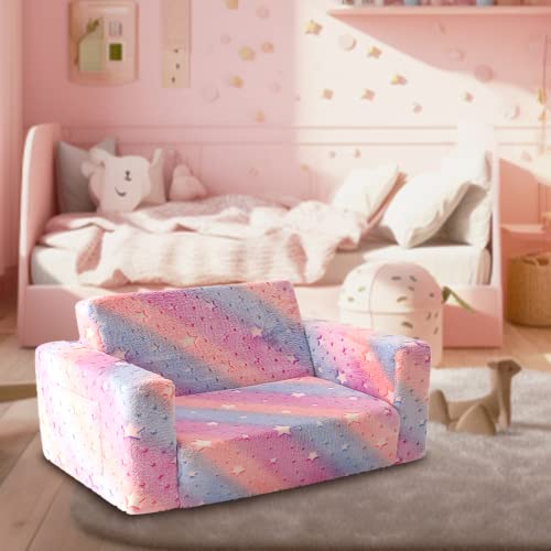 Truwelby Kids Sofa, Glow in The Dark Toddler Chairs Children's Extra Wide Convertible Sofa to Lounger - Extra Soft 2 Seats 2 in 1 Flip Open Chair & Sleeper, Toddler Couch, Sofa Bed for Boys Girls