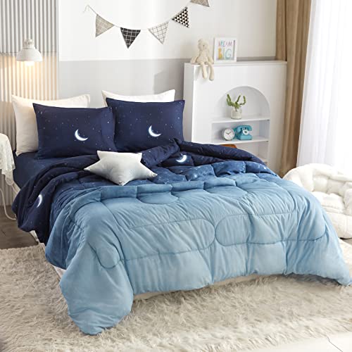 HYPREST Kids Twin Bed in A Bag Comforter Set with Sheets - 5 Pieces Twin Bedding Comforter Set for Girls Boys, Monn Star Blue Twin Bed Comforter Super Soft Lightweight Breathable(Oeko-Tex Certified)