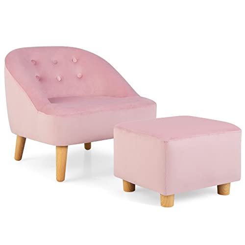 Costzon Kids Sofa with Ottoman, Toddler Chair w/Footstool, Velvet Surface, Children Armchair for Play Room, Nursery, Kindergarten, Kids Room, Gift for 3-5 Years Old Boys & Girls, Toddler Couch (Pink)