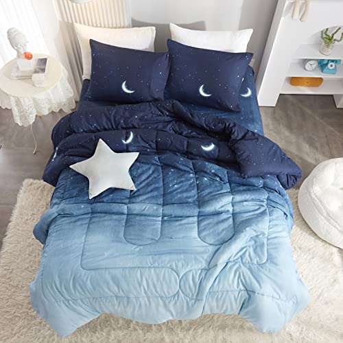 HYPREST Kids Twin Bed in A Bag Comforter Set with Sheets - 5 Pieces Twin Bedding Comforter Set for Girls Boys, Monn Star Blue Twin Bed Comforter Super Soft Lightweight Breathable(Oeko-Tex Certified)