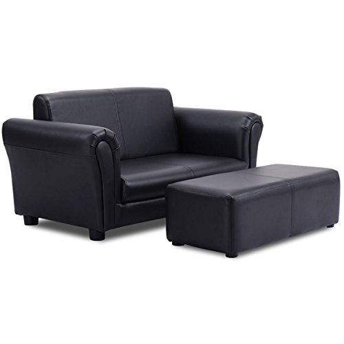 Costzon Children Sofa w/Footstool, 32.5‘’x16.5‘’x16‘’ Upholstered Couch, Sturdy Wood Construction, 2 Seat Armrest Chair Lounge for Preschool Kids Toddlers Boys, Girls, ASTM and CPSIA Certified (Black)