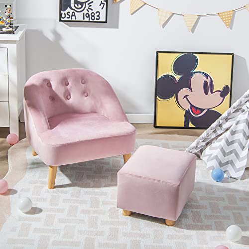 Costzon Kids Sofa with Ottoman, Toddler Chair w/Footstool, Velvet Surface, Children Armchair for Play Room, Nursery, Kindergarten, Kids Room, Gift for 3-5 Years Old Boys & Girls, Toddler Couch (Pink)
