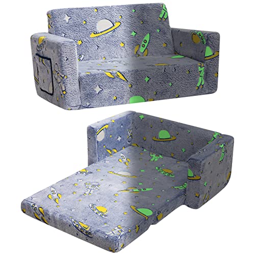 ALIMORDEN 2-in-1 Flip Out Extra Wide Cuddly Kids Couch, Glow in The Dark Toddler Chairs, Convertible Sofa to Lounger, Astronaut