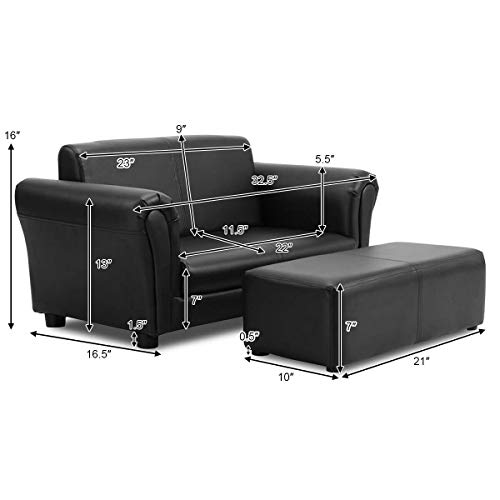 Costzon Children Sofa w/Footstool, 32.5‘’x16.5‘’x16‘’ Upholstered Couch, Sturdy Wood Construction, 2 Seat Armrest Chair Lounge for Preschool Kids Toddlers Boys, Girls, ASTM and CPSIA Certified (Black)