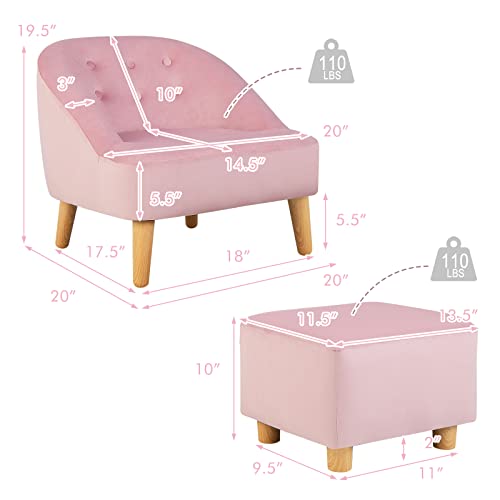 Costzon Kids Sofa with Ottoman, Toddler Chair w/Footstool, Velvet Surface, Children Armchair for Play Room, Nursery, Kindergarten, Kids Room, Gift for 3-5 Years Old Boys & Girls, Toddler Couch (Pink)