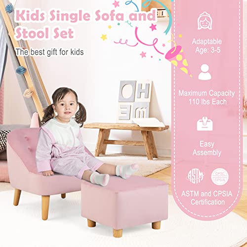 Costzon Kids Sofa with Ottoman, Toddler Chair w/Footstool, Velvet Surface, Children Armchair for Play Room, Nursery, Kindergarten, Kids Room, Gift for 3-5 Years Old Boys & Girls, Toddler Couch (Pink)