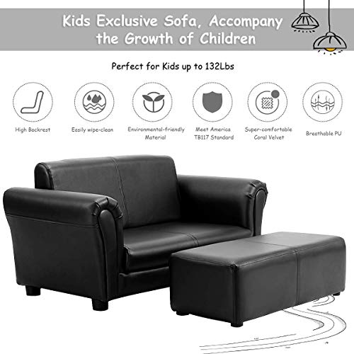 Costzon Children Sofa w/Footstool, 32.5‘’x16.5‘’x16‘’ Upholstered Couch, Sturdy Wood Construction, 2 Seat Armrest Chair Lounge for Preschool Kids Toddlers Boys, Girls, ASTM and CPSIA Certified (Black)