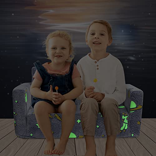 ALIMORDEN 2-in-1 Flip Out Extra Wide Cuddly Kids Couch, Glow in The Dark Toddler Chairs, Convertible Sofa to Lounger, Astronaut